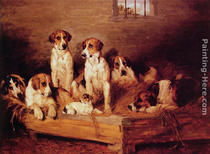 Foxhounds and Terriers in a Kennel painting - John Emms Foxhounds and Terriers in a Kennel art painting